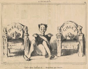 Zwischen zwei Sesseln der ... Herr auf dem Boden von Honoré Daumier