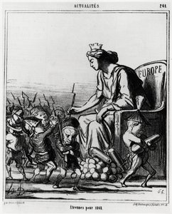Europa: fremd für 1868. Europa verteilt Gewehre und Kanonen an jeden Vertreter der Länder, erkennbar an ihrem Hut. Illustration von Honore Daumier (1808-1879), veröffentlicht in den Nachrichten, „Charivari“, datiert 23. Dezember 1867 von Honoré Daumier