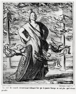 Europa: die Wolke von Enten verdunkelt die Luft so sehr, dass das arme Europa nicht mehr weiß, welchen Weg es nehmen soll. Illustration von Honore Daumier (1808-1879), veröffentlicht in den Nachrichten, „Charivari“, datiert 22. Oktober von Honoré Daumier
