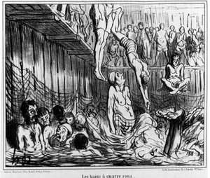 Die Bäder zu vier Sous: Illustration aus der Serie „Sommer-Skizzen“, Karikaturen über das Schwimmen und das Vier-Sous-Bad von Honore Daumier (1808-1879). „Charivari“