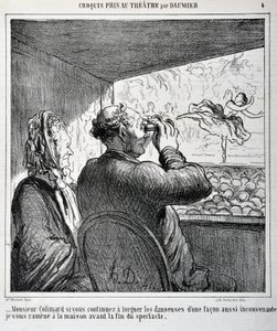 Herr Colimard, wenn Sie die Tänzerinnen weiterhin auf so unangemessene Weise betrachten, werde ich Sie vor dem Ende der Vorstellung nach Hause bringen. Gravur von Honore Daumier in Le Charivari. Palais Longchamp, Musee des Beaux Arts de Marseille von Honoré Daumier