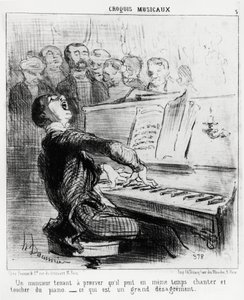 Musikalische Skizzen: ein Herr, der beweisen möchte, dass er gleichzeitig singen und Klavier spielen kann, was sehr unelegant ist. Illustration von Honore Daumier (1808-1879), veröffentlicht in „Charivari“, datiert 17. Februar 1852