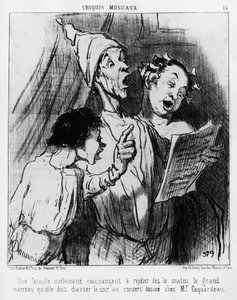 Musikalische Skizzen: eine melomanische Familie beginnt am Morgen das große Lied zu wiederholen, das sie am Abend beim Konzert für Herrn Coquardeau singen mussten. Illustration von Honore Daumier (1808-1879), veröffentlicht in „Charivari“, datiert 3. März