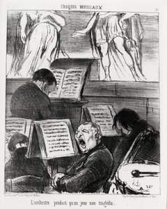 Musikalische Skizzen: das Orchester beim Spielen einer Tragödie. Illustration von Honore Daumier (1808-1879), veröffentlicht in „Charivari“, datiert 5. April 1852 von Honoré Daumier