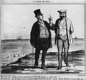 Seebäder: Pariser am Strand von Trouville - von Honore Daumier, in „Charivari“ vom 25.08.1859