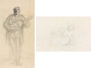 Singender Gitarrist (recto); Liegende Frau, die sich auf ihren Arm stützt (verso) von Honoré Daumier