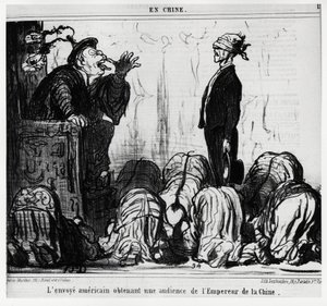 Der amerikanische Gesandte erhält eine Audienz beim Kaiser von China. In der Serie En Chine, Illustration von Honoré Daumier (1808-1879), veröffentlicht in Charivari, datiert 21. Oktober
