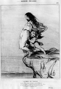Der Tod von Sapho (Sappho). „Junge Dame, sieh oder führe uns die Liebe! Unter unseren Füßen so süß, gräbt der Gueux einen Abgrund, in den wir leicht fallen; denn vom Vergnügen zum Verbrechen ist der Weg sehr kurz.“ Serie „Histoire ancienne“, Karikatur von  von Honoré Daumier