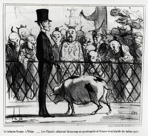 Der Garten der Pflanzen in Peking: die Chinesen bewundern ein vierfüßiges Tier aus Frankreich und ein Piepsen aus demselben Land. Illustration von Honoré Daumier (1808-1879), veröffentlicht in Charivari, China Actualités
