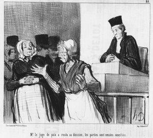 Der Friedensrichter hat seine Entscheidung getroffen, die Parteien sollen versöhnt sein..., Karikatur von Honore Daumier (1808-1879). „Charivari“ von Honoré Daumier