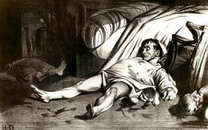 Das Massaker der Rue Transnonain am 14.04.1834: Das Militär massakriert die Bewohner des Gebäudes 12 Rue Transnonain in Paris. Lithographie von Honore Daumier. Private Sammlung