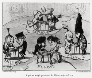 Tischdrehen (Fluidomanie): womit sich die verschiedenen Völker der Erde derzeit beschäftigen. Illustration von Honore Daumier (1808-1879), veröffentlicht in den Nachrichten, „Charivari“, datiert 22. Juni