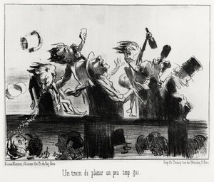 Ein etwas zu fröhlicher Vergnügungszug, in der Serie Die Eisenbahnen, Illustration von Honore Daumier (1808-1879), veröffentlicht in „Charivari“, datiert 20. August 1852