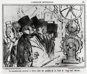 Weltausstellung: ein Plattenspieler, entworfen, um Hühner mit der Kraft von neunundzwanzig Pferden zu braten. Illustration von Honore Daumier (1808-1879), veröffentlicht in den Nachrichten, „Charivari“, datiert 20. Juli 1855