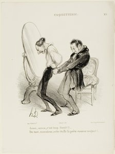 „- Genug, genug, es ist viel zu eng!! - Aber gar nicht, Monsieur, dieser Stoff passt Ihnen wie angegossen!“, Tafel 5 aus Coquetterie von Honoré Victorin Daumier