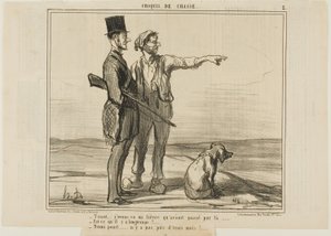 „- Hör zu... Ich habe dort einen Hasen gesehen... - War das vor langer Zeit? - Überhaupt nicht... es war vor weniger als drei Monaten...“, Tafel 2 aus Croquis De Chasse