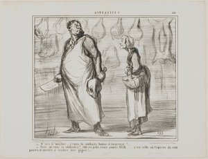 - Herr Metzger, ich wünsche Ihnen ein frohes und gesundes neues Jahr... - Was? Das wird ein schönes Jahr, dieses 1858... jeder Lebensmittelhändler um die Ecke wird mein Hammelfleisch verkaufen können!... von Honoré Victorin Daumier
