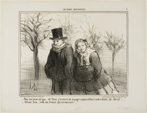 "- Weißt du, mein Lieber, du wirst es nie glauben, aber ich glaube, ich hätte heute Abend gerne Pferdefleisch zum Abendessen! - Da haben wir es... meine Frau muss schwanger sein!", Tafel 1 aus Ces Bons Bourgeois von Honoré Victorin Daumier