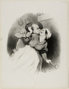Eine Rückkehr der Jugend. „Schrei so viel du willst, du kleiner Teufel.... meine Frau ist nicht zu Hause.... reiß mir die Haare aus, so viel du willst!“, Platte 50 aus Les beaux Jours de la vie