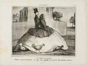 Ein entschuldbarer Fehler. Hühner denken, sie hätten den Käfig gefunden, in dem sie ihre frühe Kindheit verbracht haben, Tafel 21 aus La Crinolomanie
