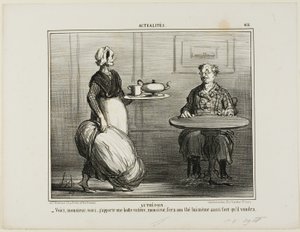 Kräutertee. „- Hier, Monsieur, ich dachte, ich bringe gleich das ganze Heubündel mit, damit Sie selbst über die Stärke Ihres Tees entscheiden können,“ Platte 416 aus Actualités