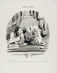 „Schau! Sieh, wie seine Augen auf die Saveloys und den Schinken gerichtet sind... es scheint, wir mögen Papas Job?... mein kleines Ferkel!“, Platte 51 aus Moeurs Conjugales von Honoré Victorin Daumier