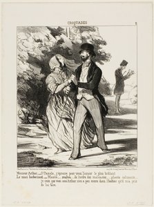 Monsieur Arthur: „- Oh Pamela! Ich brenne vor Liebe zu dir!“ Der Ehemann Kräuterhändler: „- Eine Malve... aus der Familie der Malvaceae... ein Beruhigungsmittel... Ich glaube nicht, dass mein Freund Arthur dieses Exemplar im Herbarium hat, das er mich gebe von Honoré Victorin Daumier