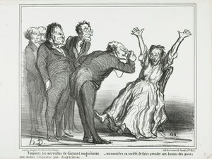 Weitere Wunder des Diamanthypnotiseurs. Oder, wie man die Damen in der Gesellschaft in erschöpfenden und nicht sehr anmutigen Positionen posieren lässt, Platte 137 aus Actualités von Honoré Victorin Daumier