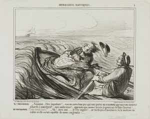Herr Prudhomme: "- Unverschämte Wellen... wisst ihr nicht, wen ihr in diesem Moment tragt?... oh kühn... wisst, ich werde euch wie Xerxes schrecklich peitschen. Mme Prudhomme: (zitternd vor Angst) "- Bitte, mein lieber Freund, beleidige das Meer nicht läng