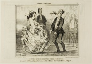 Neue Unterhaltung bei den Pariser Abendgesellschaften. Der Geist von Herrn Hume rasiert den Bart von Monsieur de St. Potard und löst das Haar von Madame Coffignon, Tafel 8 aus Ces Bons Parisiens von Honoré Victorin Daumier