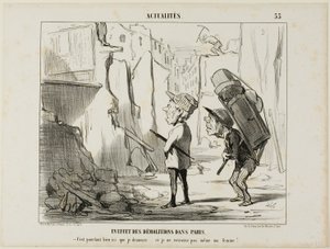 Ergebnis des Abrisses von Gebäuden in Paris. „- Nach all dem habe ich hier gewohnt... und ich kann nicht einmal mehr meine Frau finden,“ Platte 55 aus Actualités von Honoré Victorin Daumier