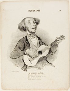 Der Amateur-Gitarrist. Trotz aller Gähnen, Während er sein schwaches Verslein singt, Würde er ein Salonlied singen, Auf den Ruinen des Universums..., Platte 4 aus Monomanen von Honoré Victorin Daumier