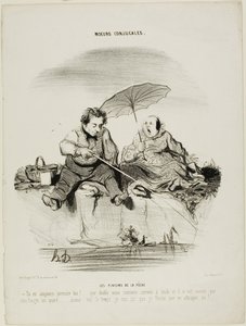 Die Freuden des Angelns. „- Du bist immer so in Eile - Mein Gott, wir sind gerade erst um Mittag angekommen und es ist jetzt erst Viertel nach fünf - Gib mir nur noch ein wenig Zeit, ich bin sicher, ich werde am Ende einen fangen,“ Tafel 50 aus Moeurs Conj
