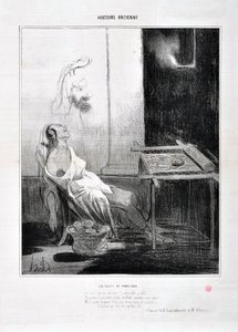 Werk von Honore Daumier (1808-1879) Charivari stammt aus dem Jahr 1842: Serie HISTORIE ANCIE Les Nuits de Penelope - Von ihrem abwesenden Ehemann das liebenswerte Profil, Für immer in ihren sanften Augen leuchtete wie ein Stern Aber um drei Jahre zu weben 