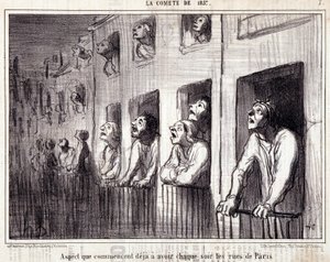 Karikatur über Wissenschaft. Serie „Der Komet von 1857“: „Aspekt, den die Straßen von Paris jede Nacht annehmen“. Gravur von Honoré Daumier (1808-1879). Auszug aus der Zeitung „Le Charivari“.