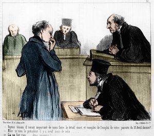 Karikatur von Daumier: Serie „Les Gens de justice“ veröffentlicht in „Charivari“ vom 04/03/1846. Anhörung eines Zeugen von Honoré Daumier