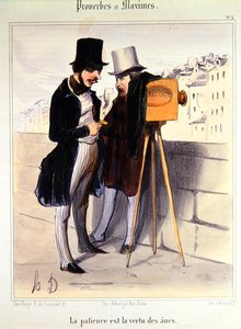Karikatur, die die lange Zeit zur Aufnahme eines Daguerreotypie-Fotos verspottet, ca. 1840