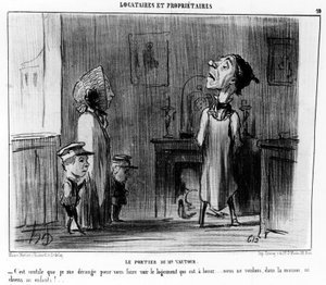 Der Pförtner von Herrn Geier. Ich muss Sie nicht stören, um die Unterkunft zu sehen, die zu vermieten ist... wir wollen keine Hunde oder Kinder im Haus!... , aus Mieter und Eigentümer, Karikaturenserie von Honoré Daumier (1808-1879). Charivari