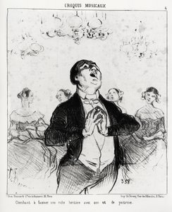 Musikalische Skizzen: versucht, eine reiche Erbin mit seiner Brust zu faszinieren. Illustration von Honore Daumier (1808-1879), veröffentlicht in „Charivari“, datiert 14. Februar 1852.