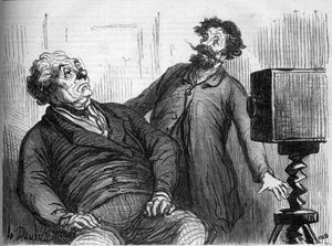 Fotografen und Fotografien. Karikatur von Honore Daumier (1808-1879). Gravur in „Le Monde Illustré“ Nr. 259 vom 29. März 1862. von Honoré Daumier