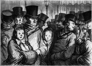 Boulevard du Temple um Mitternacht. Links, Menschen, die aus dem Drama kommen. Rechts, Menschen, die die Funambules verlassen. Karikatur von Honore Daumier (1808-1879). Gravur in „Le Monde Illustré“ Nr. 254 vom 22. Februar