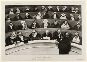 Der gesetzgebende Bauch: Ansicht der Ministerbänke in der improvisierten Kammer von 1834 (Lithographie)