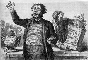 Das Hotel der Auktionatoren: der öffentliche Ausrufer. Karikatur von Honore Daumier (1808-1879). Gravur in „Le Monde Illustré“ Nr. 551 vom 2. Januar von Honoré Daumier