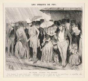 Ein unendlich zu langer Aufenthalt: Das ist erstaunlich! Der Zug kommt nicht!... Normalerweise hat er nur eine Dreiviertelstunde Verspätung,... aus „Die Eisenbahnen“, in Le Charivari, 13. November 1843 von Honoré Daumier