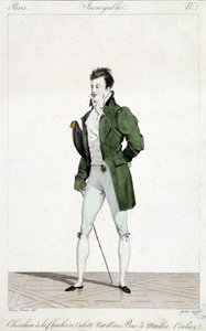 Erstaunliches Paris. Mann hat die Haare von Karl XII., trägt wassergrüne Hosen und gestrickte Strümpfe. Illustration der Herrenmode um 1810 von Horace Vernet (1789 - 1863)