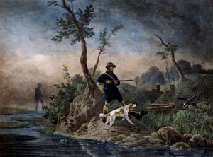 Entenjagd im Sumpf, Gravur nach einem Gemälde von Horace Vernet von Emile Jean Horace Vernet