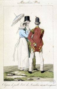 Modegravur von Horace Vernet (1789 - 1863) um 1810 für die Nummer 25 eines „Marvelous“, Darstellung der Damenmode (Strohhut und Chiffonkleid) und der Herrenmode von Emile Jean Horace Vernet