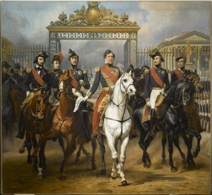 König Louis-Philippe umgeben von seinen fünf Söhnen, die durch das Ehrentor des Schlosses von Versailles nach einer Militärparade in den Höfen am 10. Juni 1837 hinausgehen. von Horace Vernet
