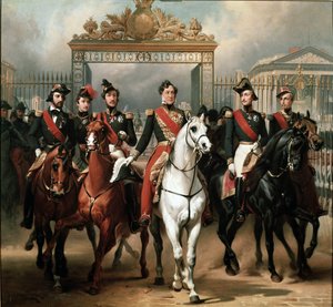 König Louis-Philippe umgeben von seinen fünf Söhnen, die nach einer Militärparade durch das Ehrentor des Schlosses von Versailles gehen von Emile Jean Horace Vernet