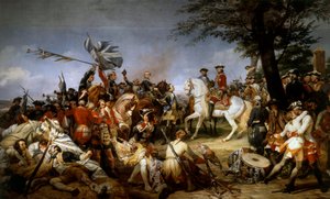 Krieg um die österreichische Erbfolge (1740-1748): Die Schlacht von Fontenoy 11.05.1745; Marschall von Sachsen präsentiert Ludwig XV. die Gefangenen und die englischen Fahnen (1828)